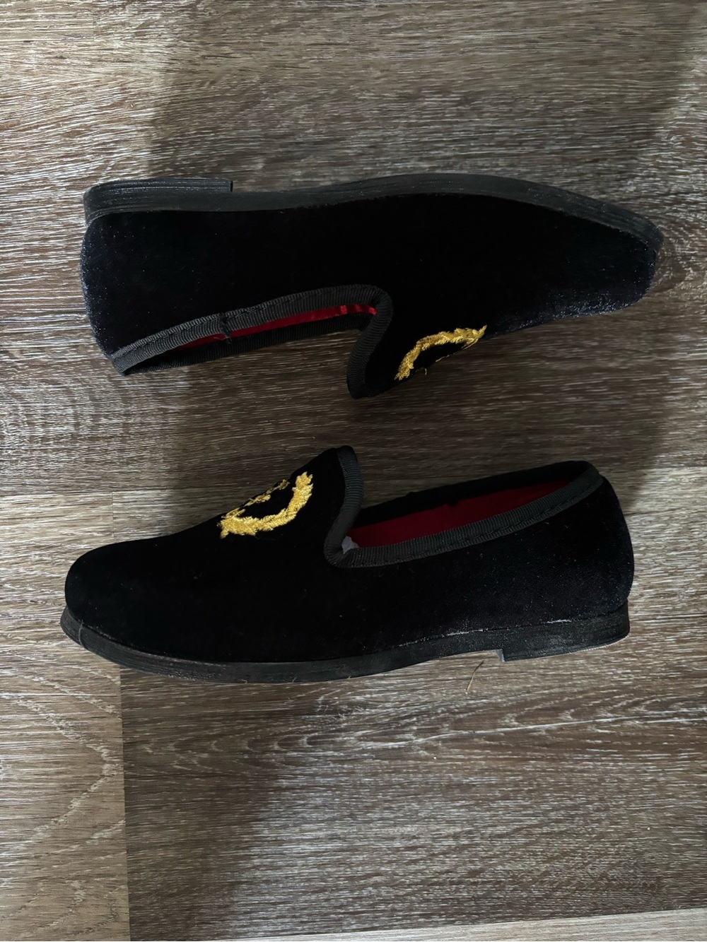 Black Velvet Kids Dress Loafers with Gold Crest Embroidery